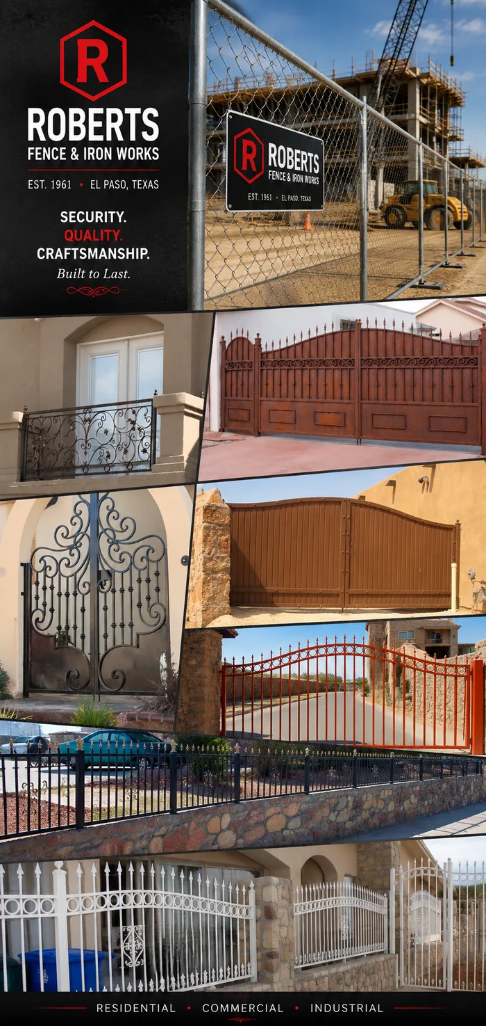 Collage of Roberts Fence & Iron Works projects: wrought iron gates, fencing and rock walls