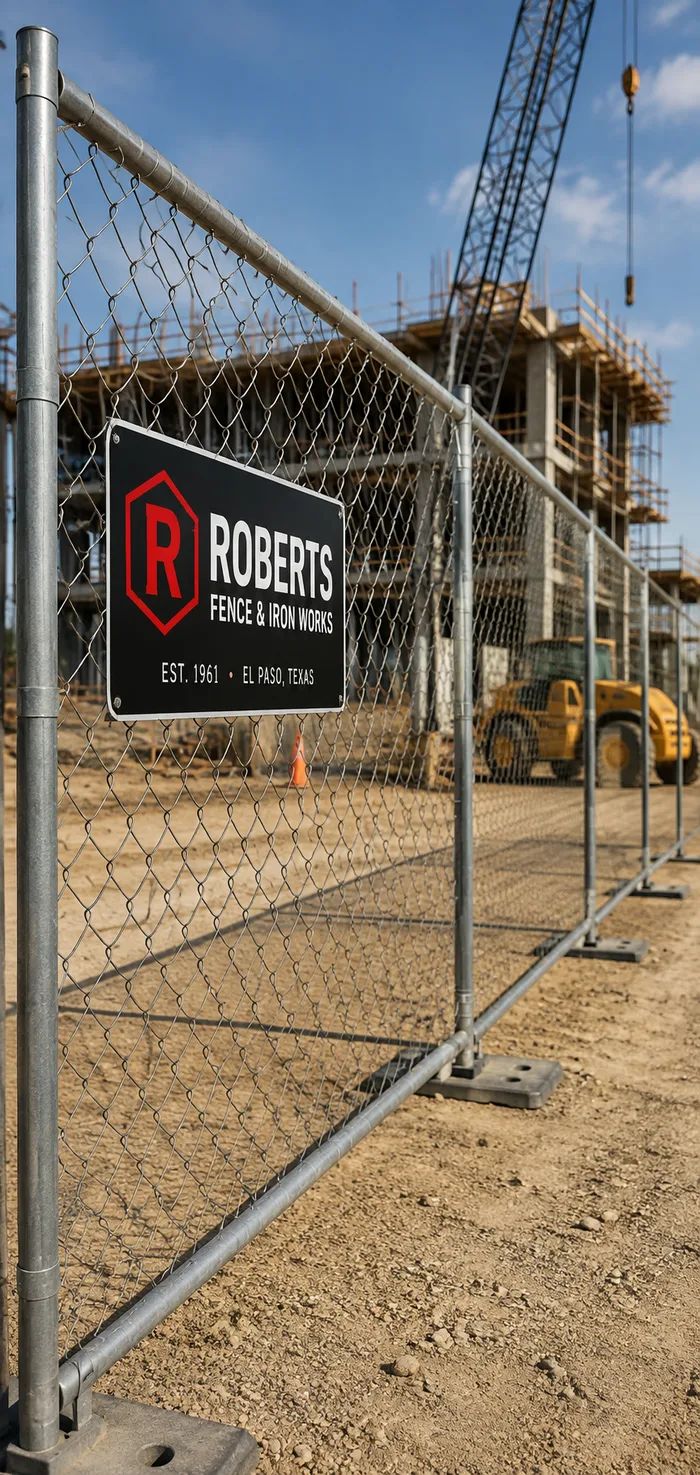 Temporary chain link fence with a Roberts Fence & Iron Works sign at a construction site